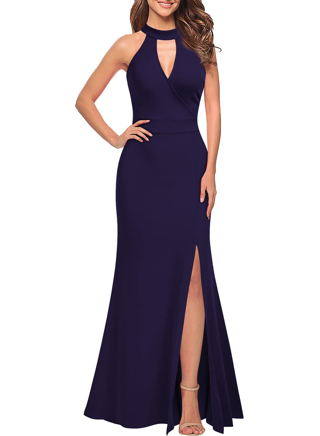 Navy Blue Women's High Neck Sleeveless Split Bodycon Mermaid Evening Cocktail Long Prom Dress